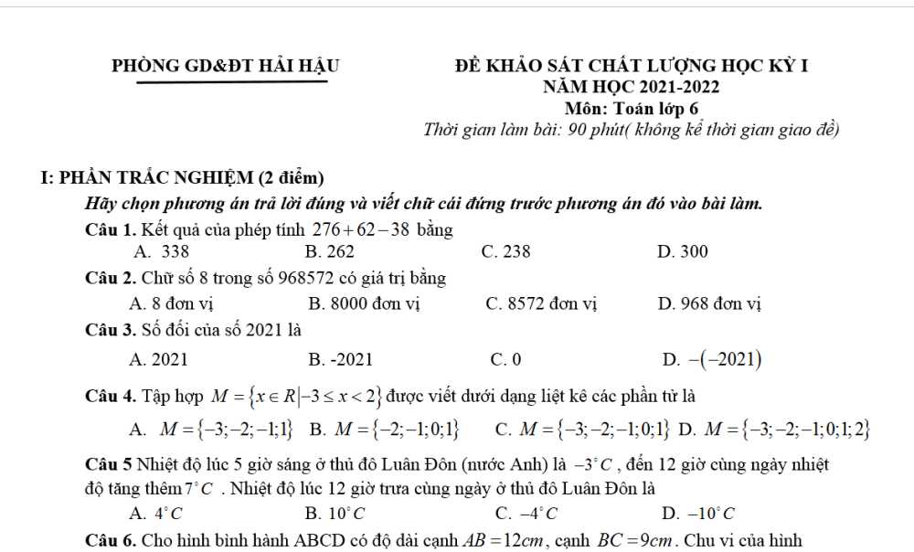 Toán 6-Đề kiểm tra cuối kì 1 Phòng GD&ĐT huyện Hải Hậu năm học 2021-2022